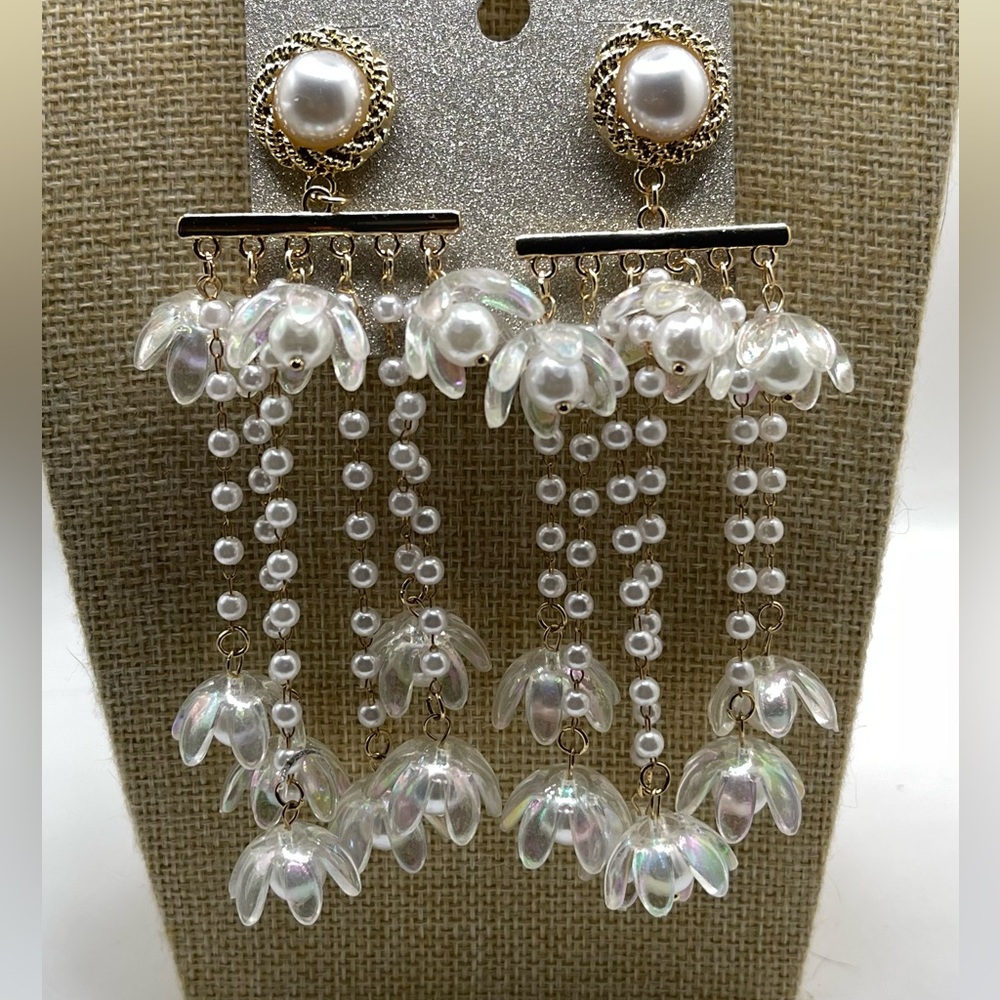 Natasha Couture Iridescent White Pearl Cascade Chandelier Earrings